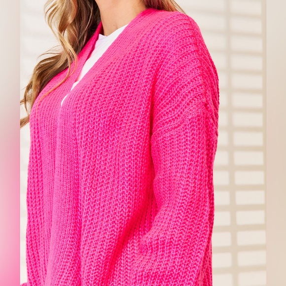 NEW Woven Right Hot Pink Ribbed Knit Open Front Drop Shoulder Cardigan Sweater - Picture 9 of 12